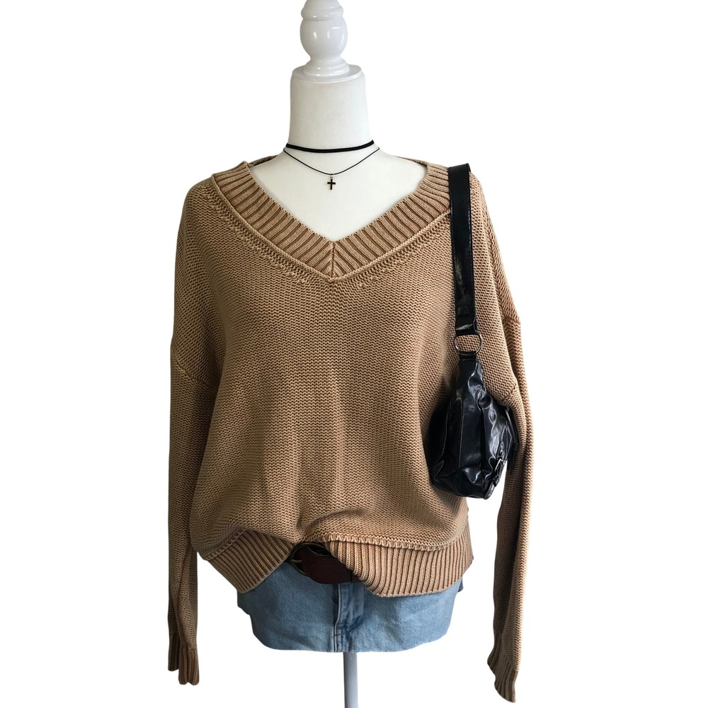 American Eagle Tan Camel V Neck Chunky Knit Sweater Womens S Oversized Slouchy